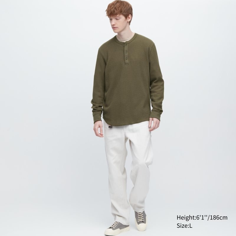 Uniqlo Waffle Long-sleeve Henley メンズ Tシャツ 緑 | 4960231