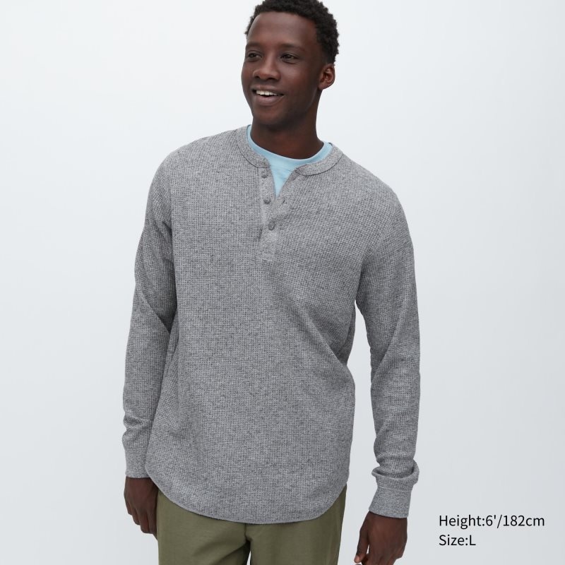 Uniqlo Waffle Long-sleeve Henley メンズ Tシャツ グレー | 8063849
