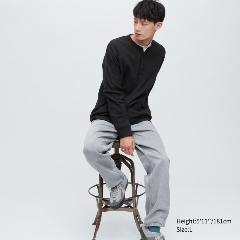 Uniqlo Waffle Long-sleeve Henley メンズ Tシャツ 黒 | 9282570