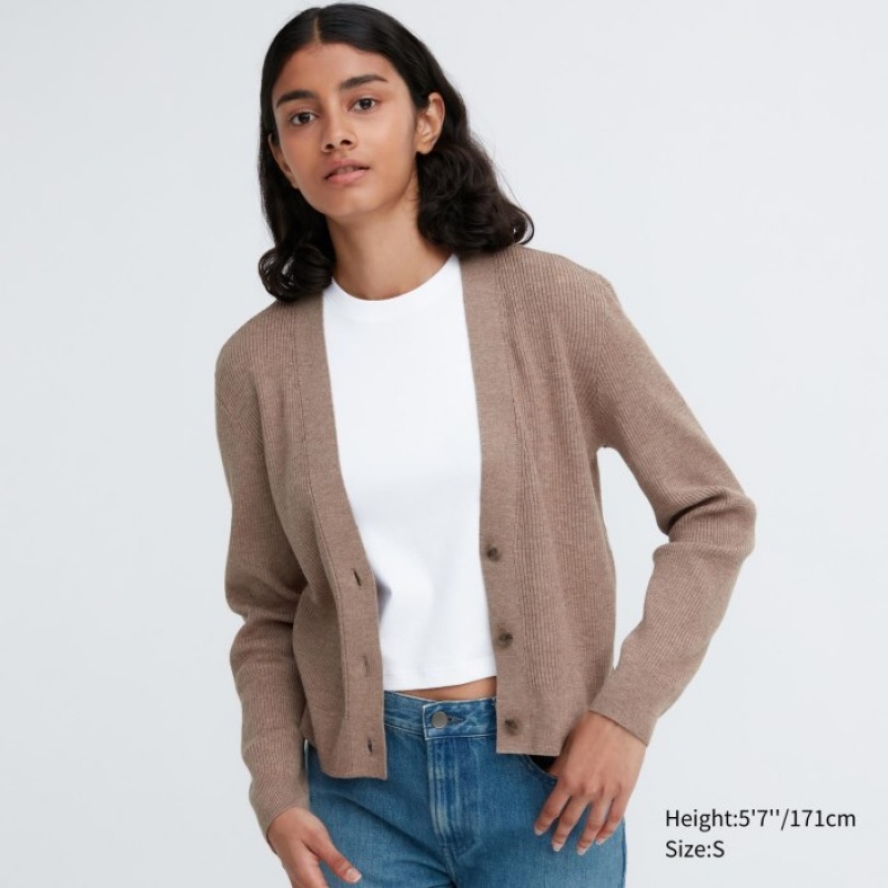 Uniqlo Washable Knit Ribbed Long-Sleeve レディース カーディガン カーキ | 4133269