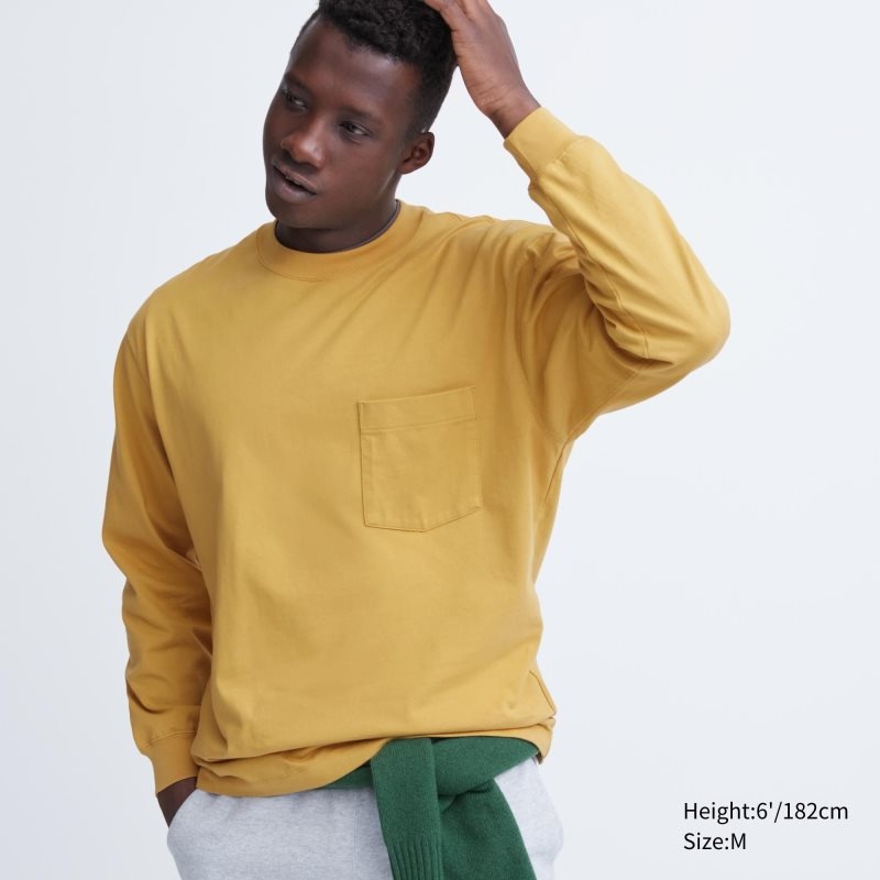 Uniqlo Washed Cotton Crew Neck Long-sleeve メンズ Tシャツ 黄色 | 7151689