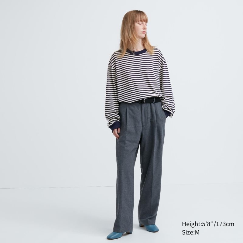 Uniqlo Washed Cotton Oversized Crew Neck Long-sleeve Striped メンズ Tシャツ 白 | 9992192