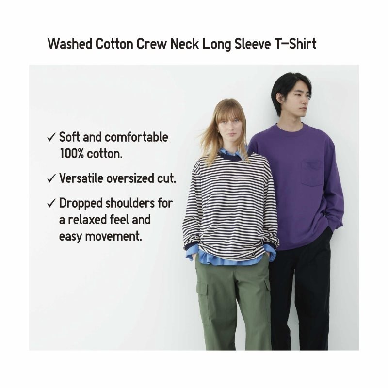 Uniqlo Washed Cotton Oversized Crew Neck Long-sleeve Striped メンズ Tシャツ 白 | 9992192