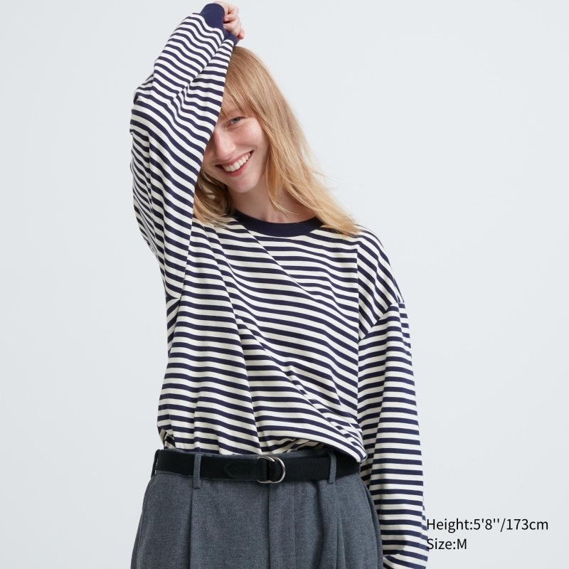 Uniqlo Washed Cotton Oversized Crew Neck Long-sleeve Striped メンズ Tシャツ 白 | 9992192