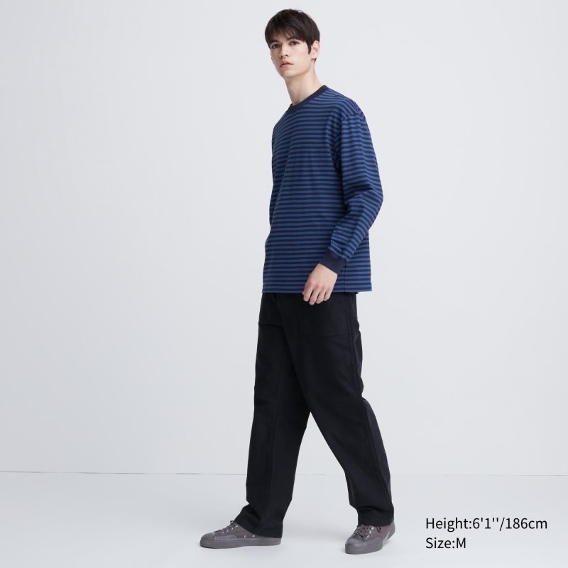 Uniqlo Washed Cotton Oversized Crew Neck Long-sleeve Striped メンズ Tシャツ 白 | 9992192