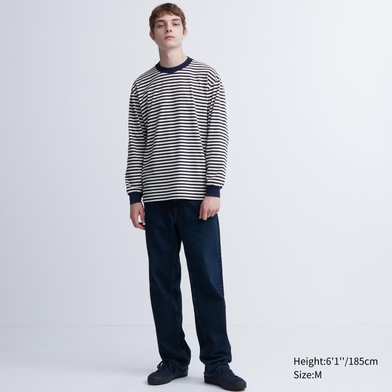 Uniqlo Washed Cotton Oversized Crew Neck Long-sleeve Striped メンズ Tシャツ 白 | 9992192