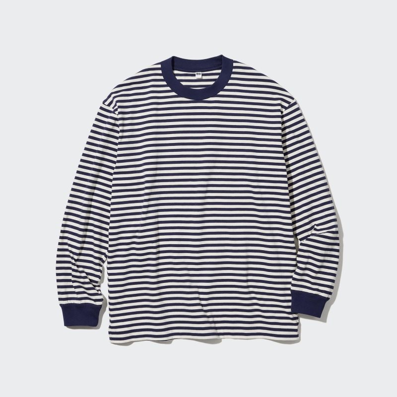 Uniqlo Washed Cotton Oversized Crew Neck Long-sleeve Striped メンズ Tシャツ 白 | 9992192