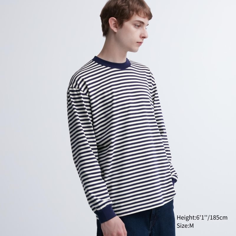 Uniqlo Washed Cotton Oversized Crew Neck Long-sleeve Striped メンズ Tシャツ 白 | 9992192