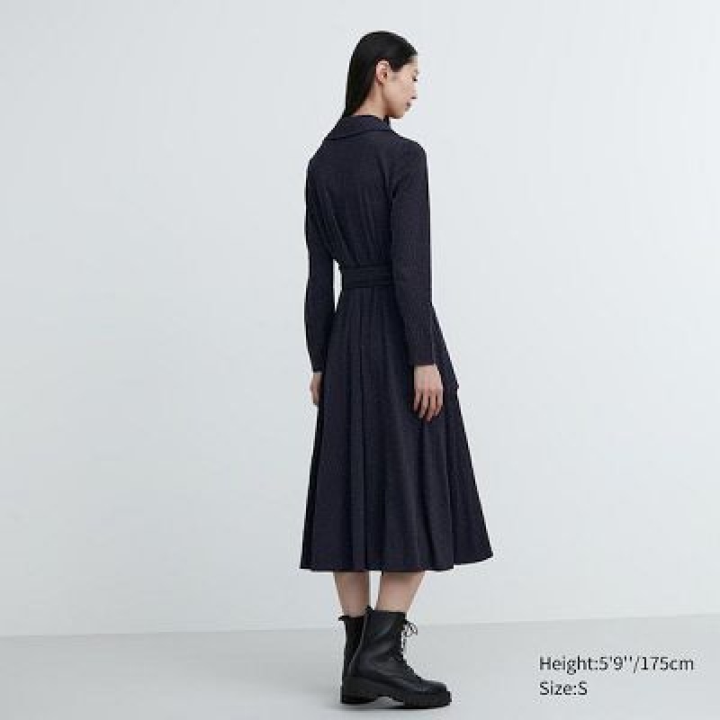 Uniqlo Wrap Long-Sleeve レディース ワンピース ネイビー | 6755989
