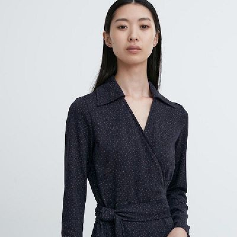Uniqlo Wrap Long-Sleeve レディース ワンピース ネイビー | 6755989