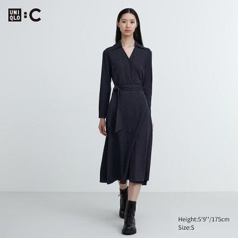 Uniqlo Wrap Long-Sleeve レディース ワンピース ネイビー | 6755989